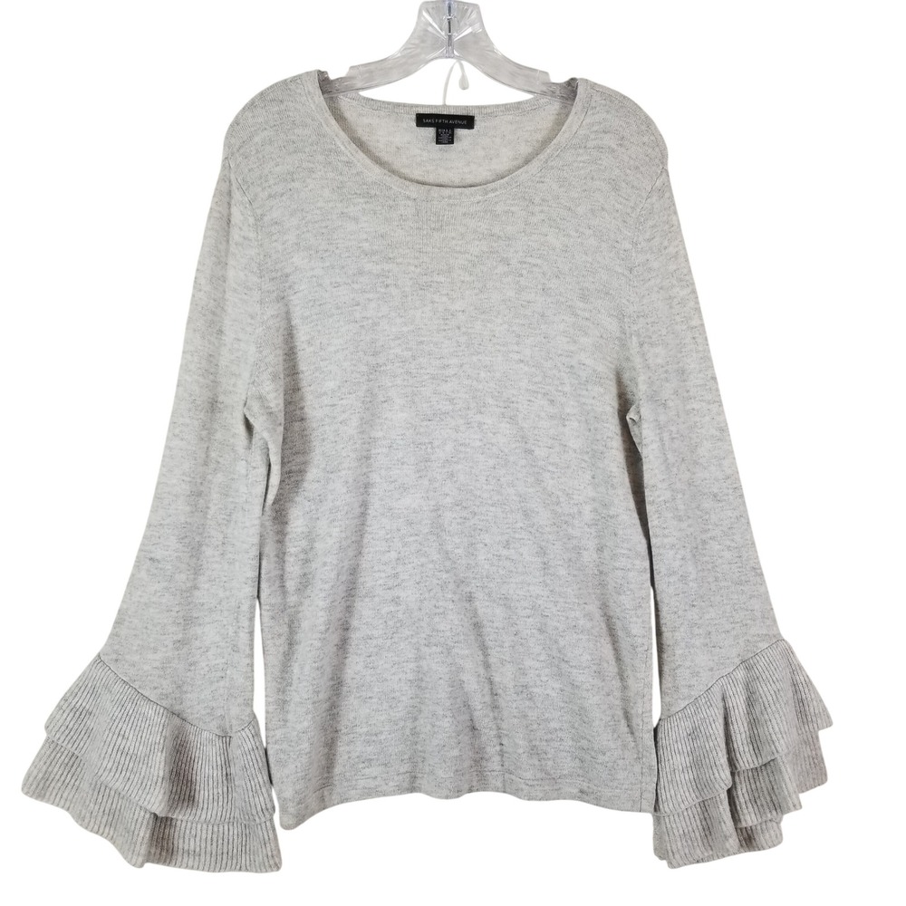 Saks Fifth Avenue Sweater Womens Large Grey Cashmere Blend Ruffle Bell Sleeve